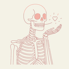 Skeleton blowing kisses Valentine. Ghost Spooky Scary Halloween Cartoon Clipart Line Art Vector Illustration. Boney figure giving affection heart day greeting card design element.