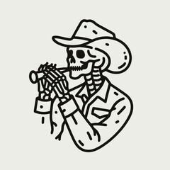 Skeleton as cowboy Whistling. Ghost Spooky Scary Halloween Cartoon Clipart Line Art Vector Illustration. Bony figure in western attire tunes a musical sound bones with.