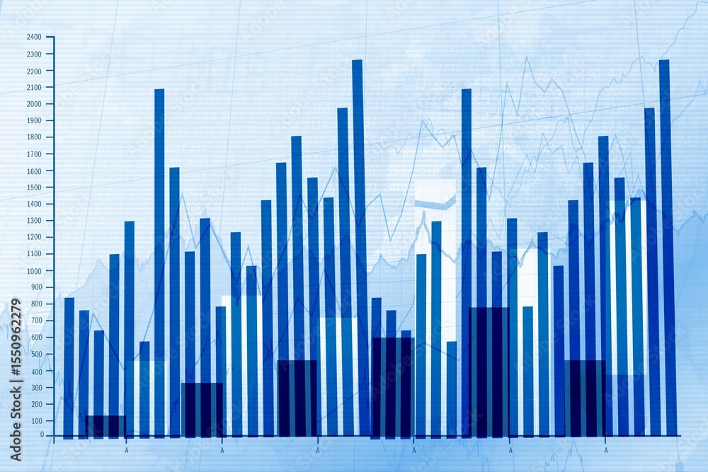 Poster visualizing digital flat design financial data with blue bars rising on grid and faint line graphs