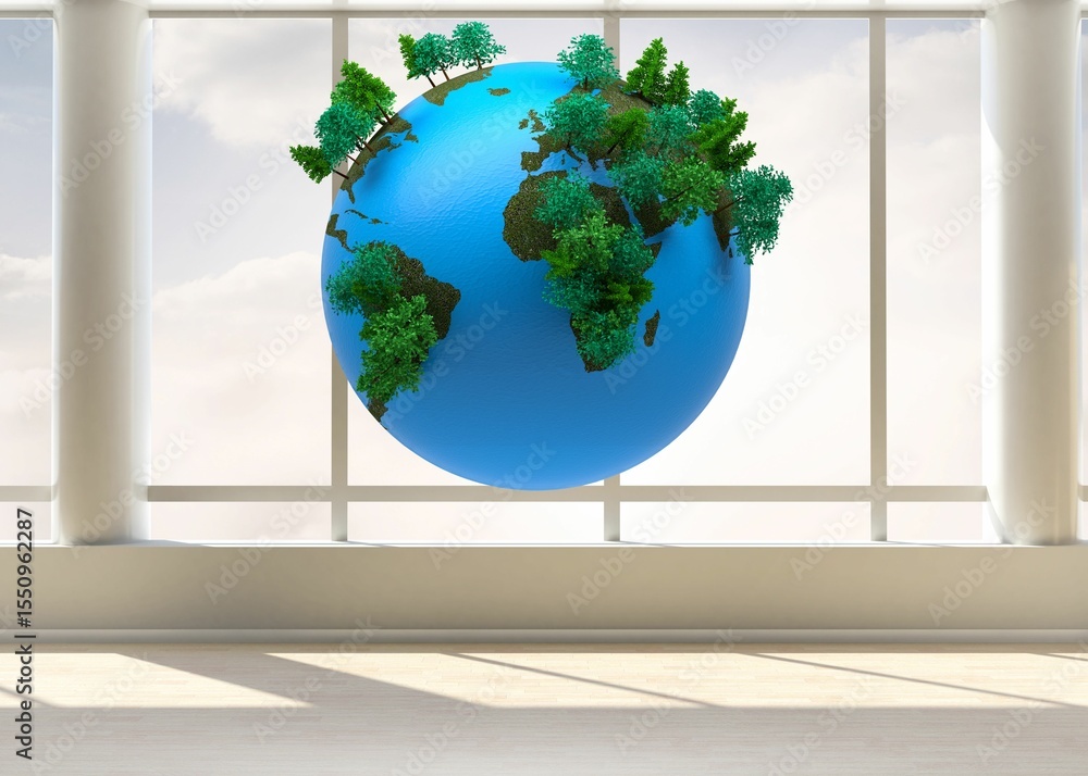 Poster floating 3d blue globe with green tree clusters is hovering in grid-window room with wood floor