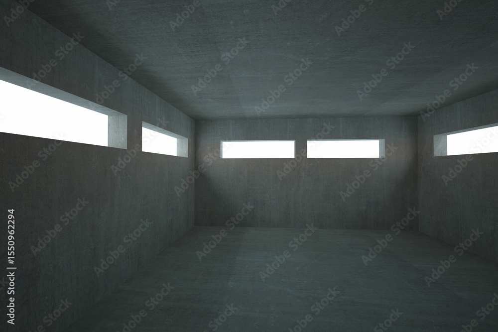 Poster flat design scene is showing minimalist concrete room with five narrow windows casting soft light