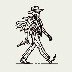 Fototapeta premium Skeleton as cowboy Walking with a swagger. Ghost Spooky Scary Halloween Cartoon Clipart Line Art Vector Illustration. Bony gunslinger sauntering bone hero great confidence.