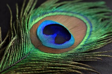 A detailed closeup showcases a vivid peacock feather against a dark backdrop highlighting its iridescent eyespot pattern