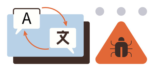 Speech bubbles showing language exchange, arrows indicating translation process, warning triangle with a bug icon. Ideal for translation, coding, debugging, localization, technology, software