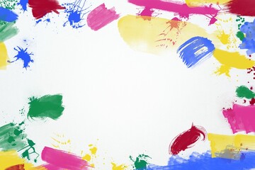 Blank white canvas is showing paint strokes and splatters framing edges in flat design, copy space