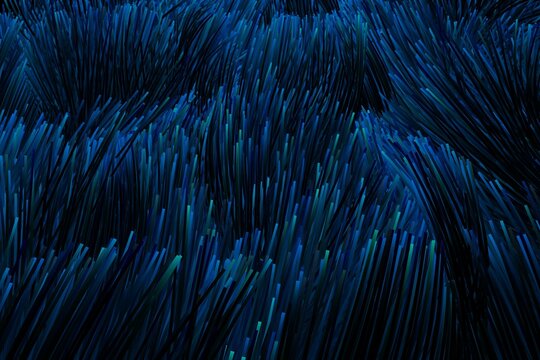 Illuminated blue fiber optics against black background