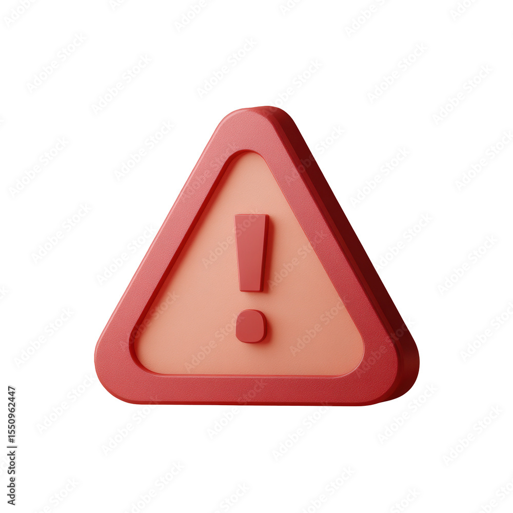 Poster 3d warning triangle icon with exclamation mark, soft red tone, isolated for interface cutout --ar 1: