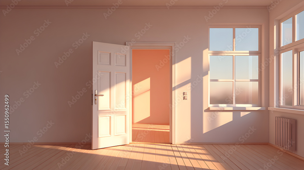 Poster an open door in a bright room with window casting a golden light. the room is bathed in soft natural