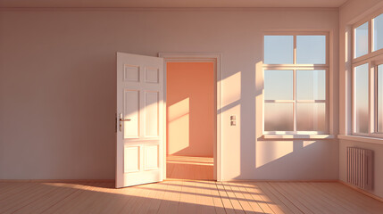 An open door in a bright room with window casting a golden light. The room is bathed in soft natural light from a window and a partially open door.