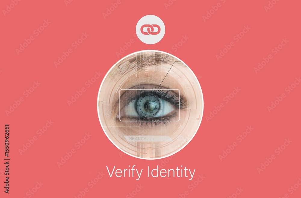 Poster presenting flat ui on coral pink background: eye-scan or reticle or chain-link icon or verify identi