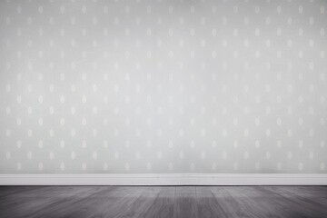 Flat design featuring empty wall with oval wallpaper and baseboard molding above hardwood floor