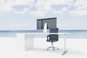 Flat design white desk is sitting on tiled terrace overlooking sea with monitor and dark chair