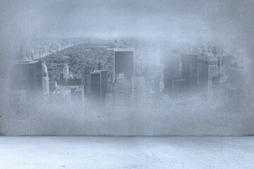Textured grey concrete wall is being shown in flat design interior, featuring misty city skyline
