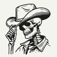 Skeleton as cowboy Tipping their hat. Ghost Spooky Scary Halloween Cartoon Clipart Line Art Vector Illustration. Bony figure like rancher doffing headgear kind gesture western concept.