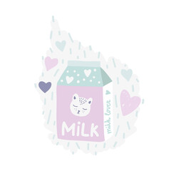 Illustration of a milk carton with a cat on it. Funny cute sticker or print for milk lovers or cat lovers. Cartoon drawing, soft pastel colors.