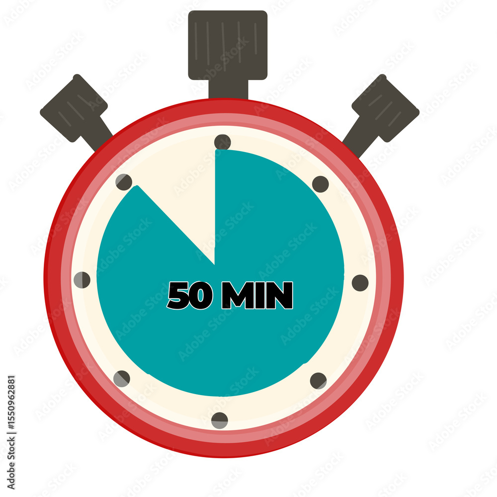 Poster stopwatch with 50 minutes text. flat design. time tracking and timer symbol.