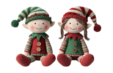 Christmas toy doll elf couple, in red and green with striped socks, isolated on a transparent background.png