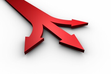 3D render is showcasing red three-pronged arrow splitting on seamless white backdrop, glossy finish
