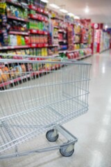 Cropped image of shopping cart in supermarket aisle