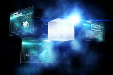 3D render showing translucent cube on glowing lines to screens with gauges, waveforms in haze