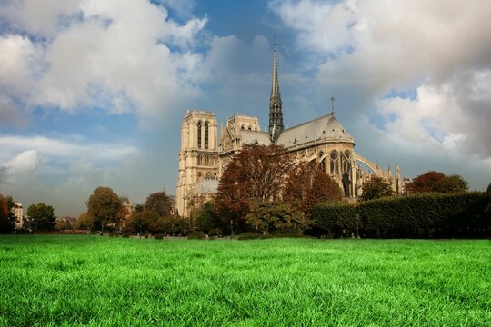 Fototapeta Gothic cathedral spire is being shown in flat illustration with green lawn hedges autumn trees