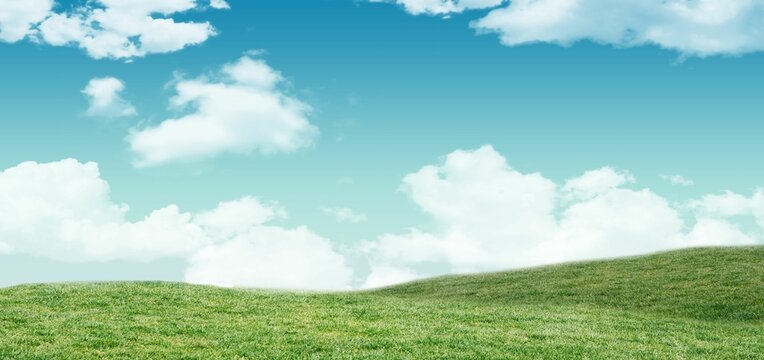 Fototapeta Rolling green hills in vector design are stretching across blue sky with white clouds, copy space