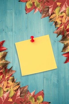Fototapeta Autumn leaves with yellow note
