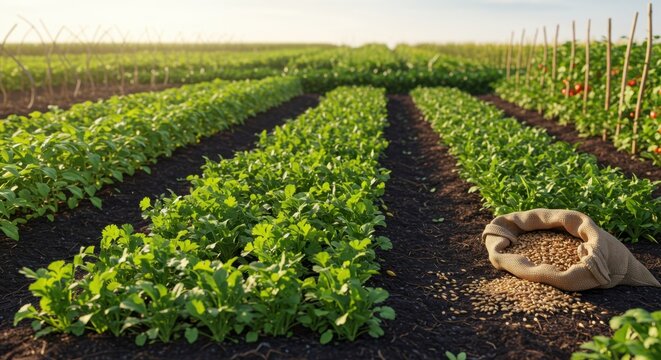Harvesting Time at the Farm: Rows of Lush Green Crops and a Burlap Sack of Golden Wheat Grains under the Warm Sunlight