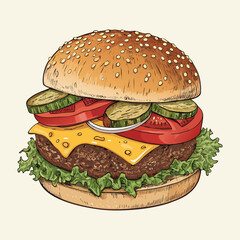 Burger Vector Illustration – Colorful Flat Design of Tasty Cheeseburger with Lettuce, Tomato, Cheese, and Sesame Bun – Perfect for Menus, Fast Food Branding, or Digital Food Art

