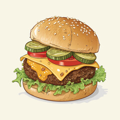 Burger Vector Illustration – Colorful Flat Design of Tasty Cheeseburger with Lettuce, Tomato, Cheese, and Sesame Bun – Perfect for Menus, Fast Food Branding, or Digital Food Art

