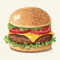 Burger Vector Illustration – Colorful Flat Design of Tasty Cheeseburger with Lettuce, Tomato, Cheese, and Sesame Bun – Perfect for Menus, Fast Food Branding, or Digital Food Art

