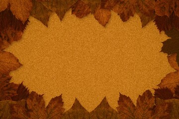 Flat design autumn leaves are framing cork-textured panel on transparent background, copy space