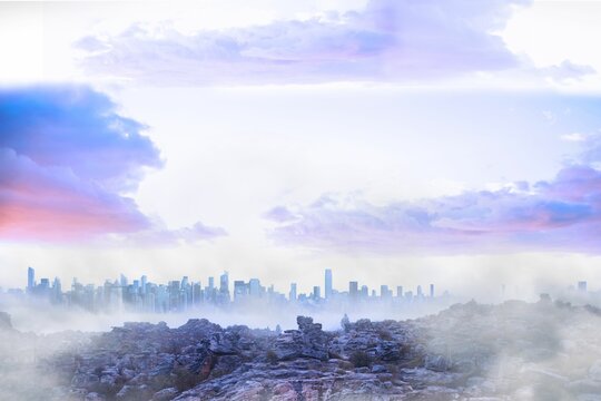 Fototapeta 3D render plateau is showing jagged formations rising in mist with city skyline under pastel clouds