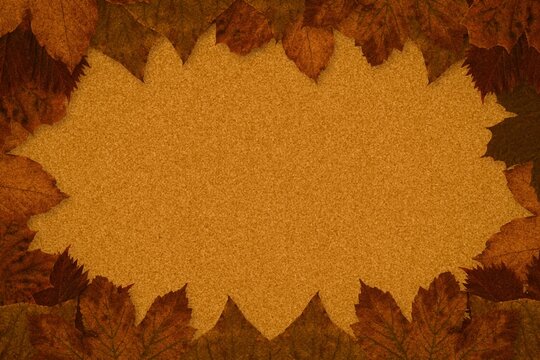 Fototapeta Flat design autumn leaves are framing cork-textured panel on transparent background, copy space