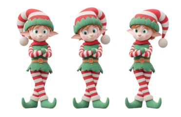 3D render of a Christmas elf toy character with a red and green hat, white eyes, and striped tights, isolated on a transparent background.png