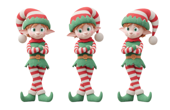 3D render of a Christmas elf toy character with a red and green hat, white eyes, and striped tights, isolated on a transparent background.png - Powered by Adobe