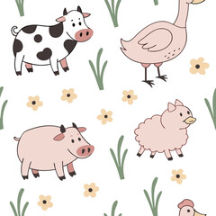 Obraz premium Seamless Farm Animal Pattern – Cute Vector Design. Seamless cartoon vector of farm animals in soft pastel tones. Perfect for baby products, packaging and wallpapers.