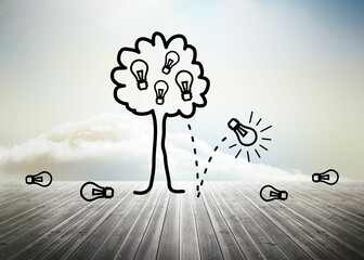Idea tree over floorboards in sky