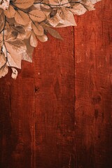 Two-tone leaf cluster with slender branch is hanging over red wooden wall in flat design