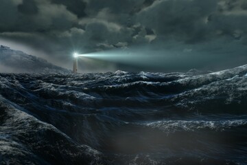 Stormy sea with lighthouse