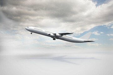 Flat design showing white twin-engine jet airliner is ascending with landing gear over cloudy sky