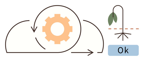 Gear within cloud symbolizes automation, arrows represent workflow wilted plant highlights sustainability and challenges. Ideal for technology, workflow, sustainability, cloud computing, eco-friendly