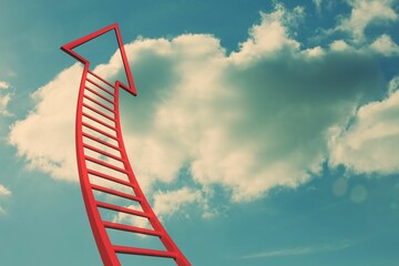 Red ladder arrow pointing up against sky