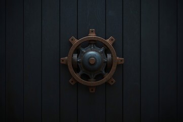 Close up of a weathered rusty metal wheel mechanism with spokes and gears mounted on a dark wooden plank background