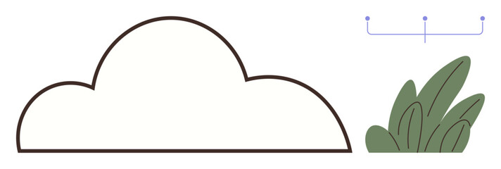 Cloud with a black outline beside green leafy foliage and minimal connection diagram. Ideal for technology, environment, ecology, data storage, cloud computing, nature, sustainability. Minimal flat