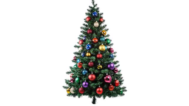 Artificial Christmas tree with multi-colored ornaments and bright lights Transparent background, PNG