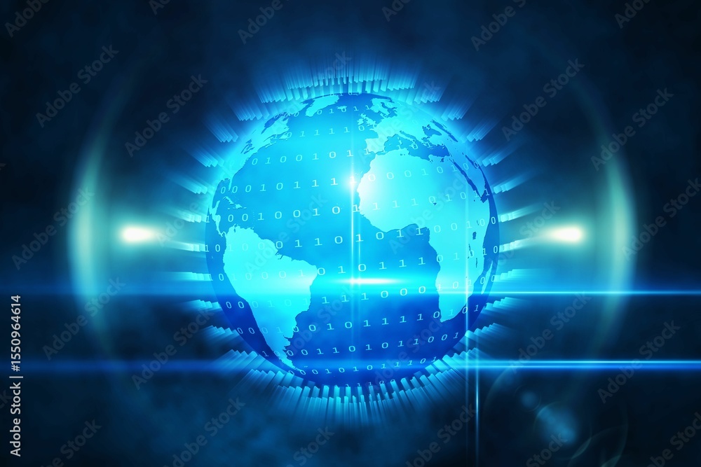 Poster high-tech globe rotating in dark virtual space, showing binary code overlay, beams and glowing halo