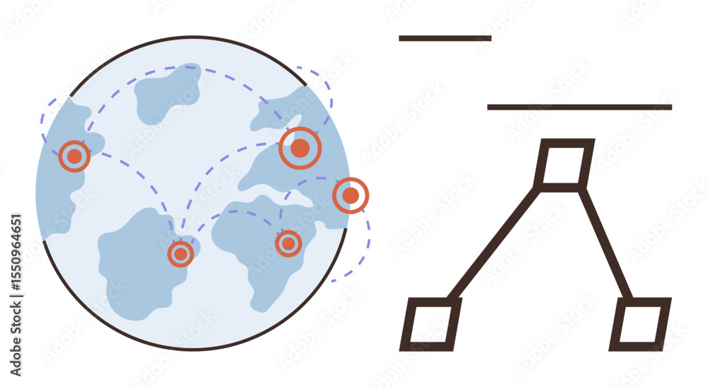 Poster globe with marked nodes linked by dotted lines beside a hierarchical organizational structure diagra
