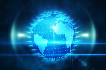 High-tech globe rotating in dark virtual space, showing binary code overlay, beams and glowing halo