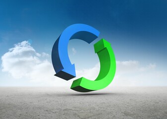 Blue and green arrows in desert landscape